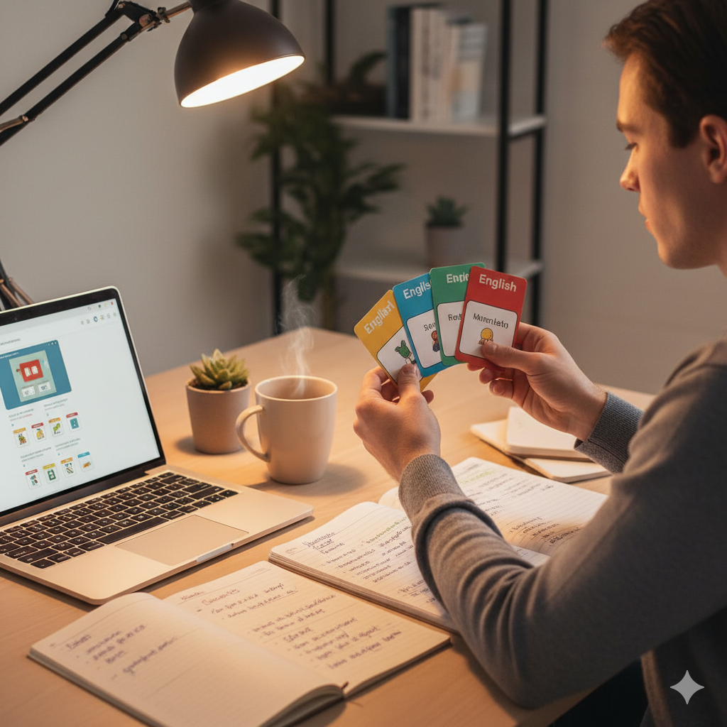 A bright, modern study setup with a student practicing English using flashcards, notebooks, and a laptop. Warm lighting, shallow depth of field, realistic style.