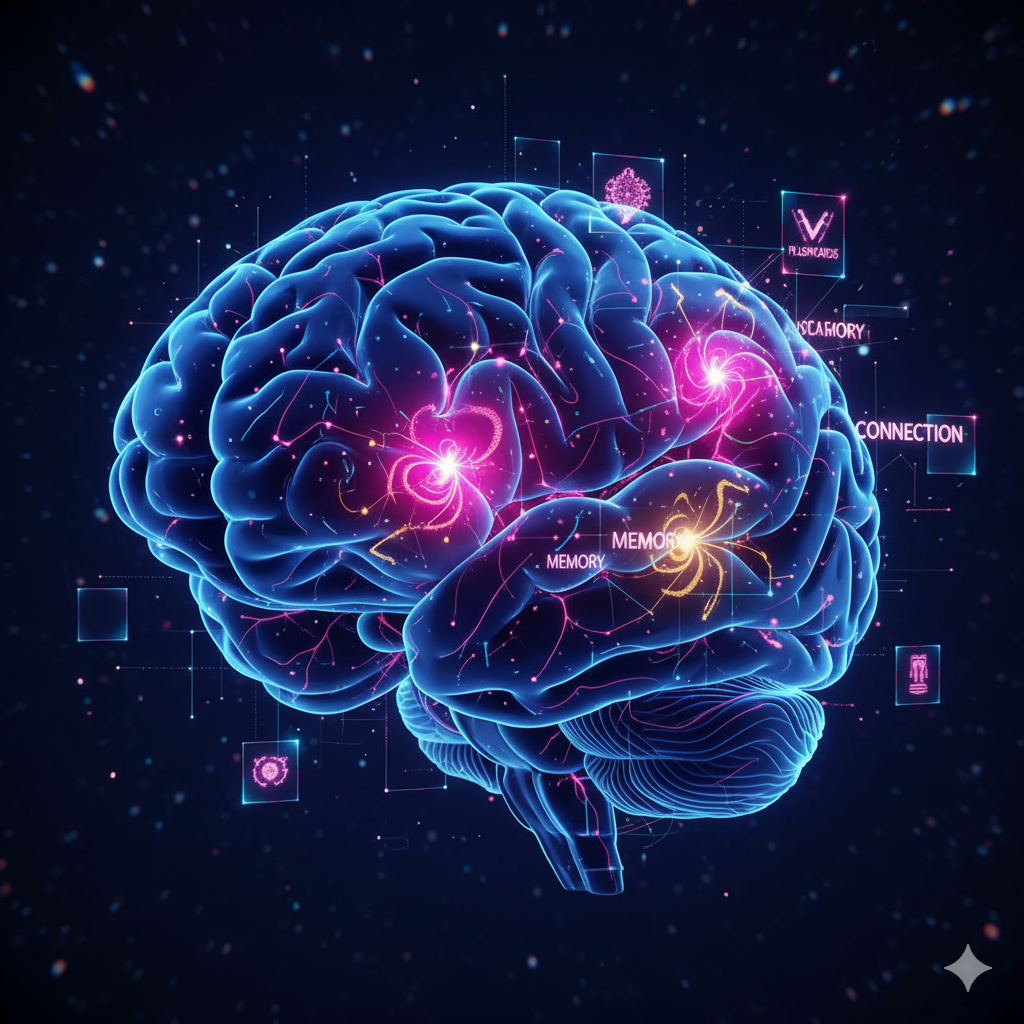 A scientific illustration showing a human brain highlighted with memory activation zones while learning English vocabulary; modern neon accents, sharp details, 4K